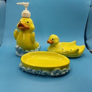 Ceramic Yellow Duck Bathroom Set 3 Pc Soap Dispenser Soap Dish Tray Nursery...